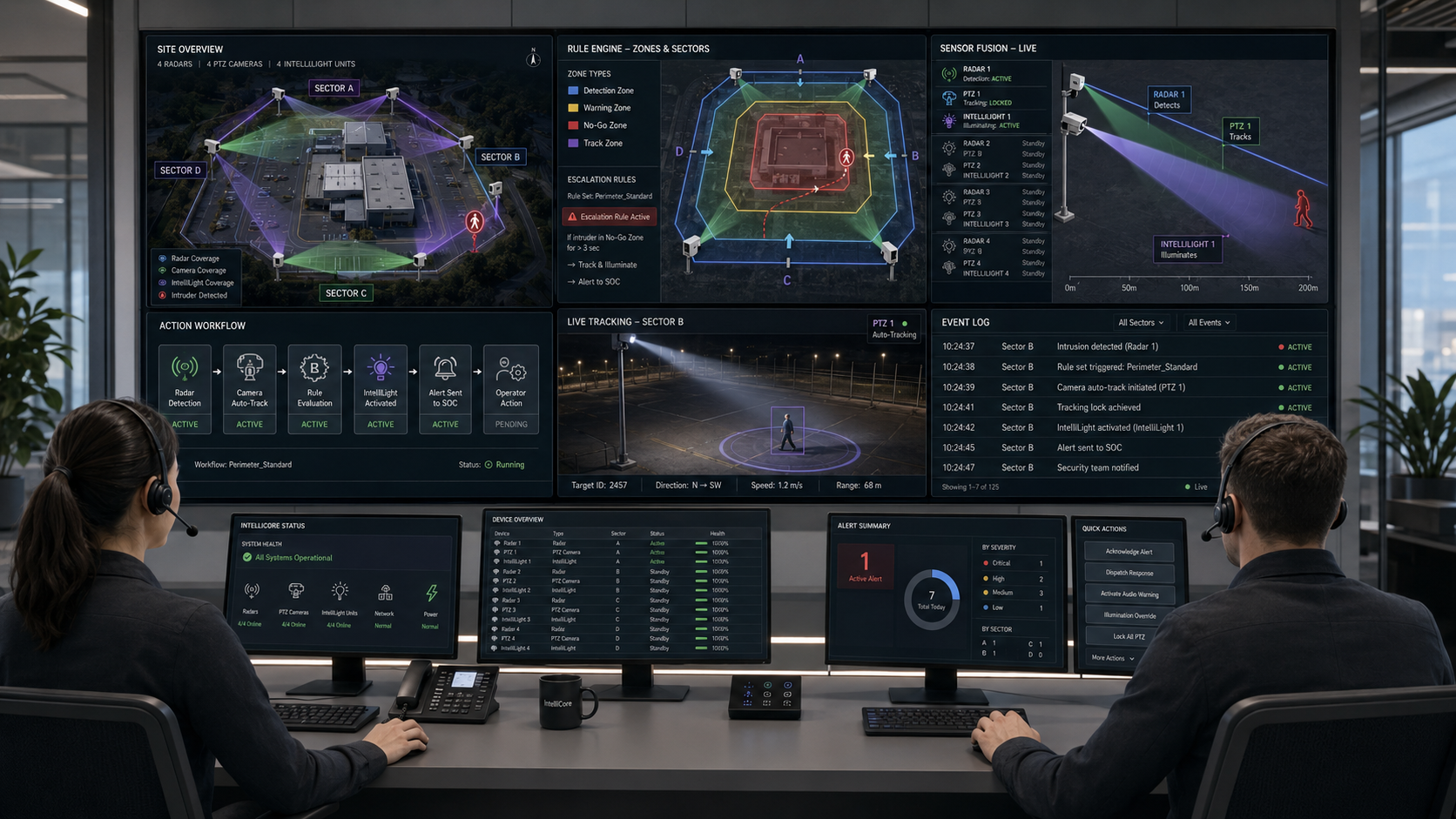 IntelliCore security operations center showing site overview, zones, sensor fusion, live tracking, event log and operator workflows